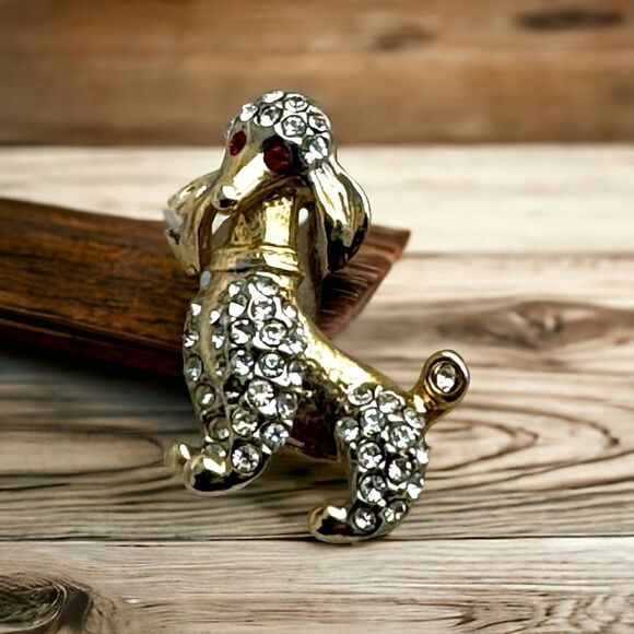 Vintage Gold Plated Swarovski Crystal Pave Poodle Dog Brooch Pin - Picture 1 of 4